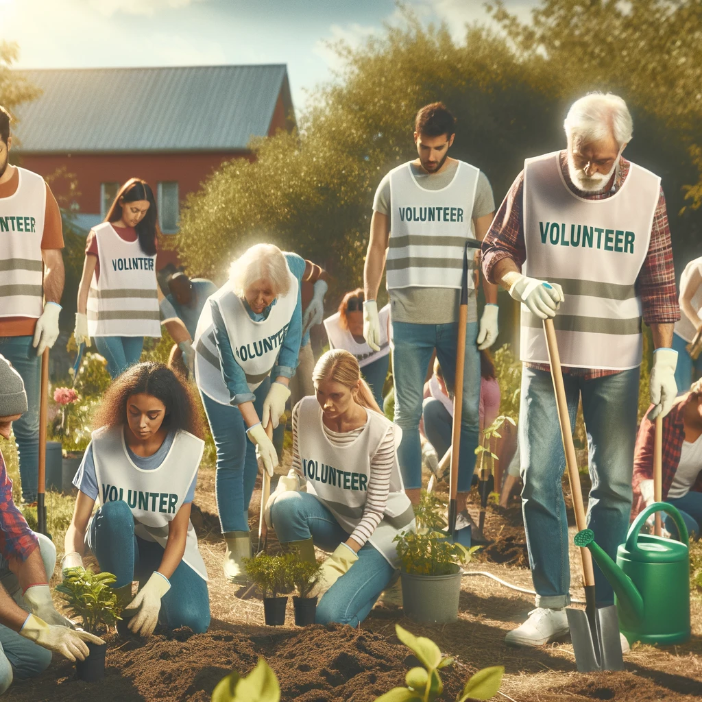 DALL·E-2024-03-02-08.08.29-A-heartwarming-scene-of-a-diverse-group-of-people-wearing-volunteer-vests-working-together-in-a-community-garden.-The-image-captures-the-spirit-of-te.webp